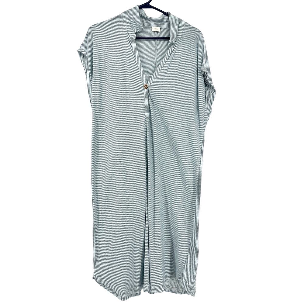 Poetry Linen Cotton Shift Dress 8 Blue Striped Collared Knee-Length lagenlook